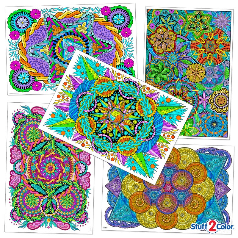 Stuff2Color Mandala Wow Pack (Giant Coloring Poster 5 Pack) - Great for Family Time, Kids, Classrooms, Care Facilities, Arts and Crafts Projects, Group Activities, and Team Building - Image 1